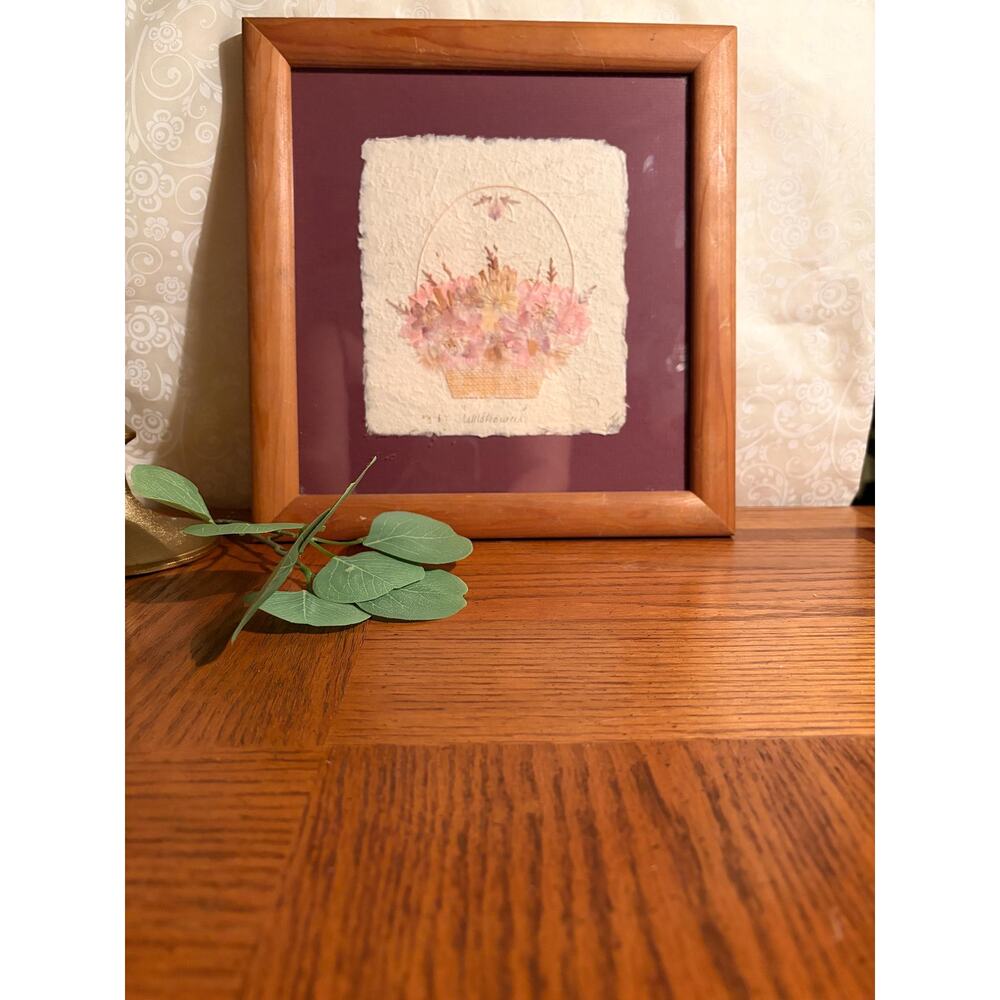 Vintage Wildflower Basket Art- Framed pressed flower decor